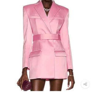 CLASSY LAPEL NECK LONG SLEEVE SATIN BELTED BLAZER MINI DRESS - PINK